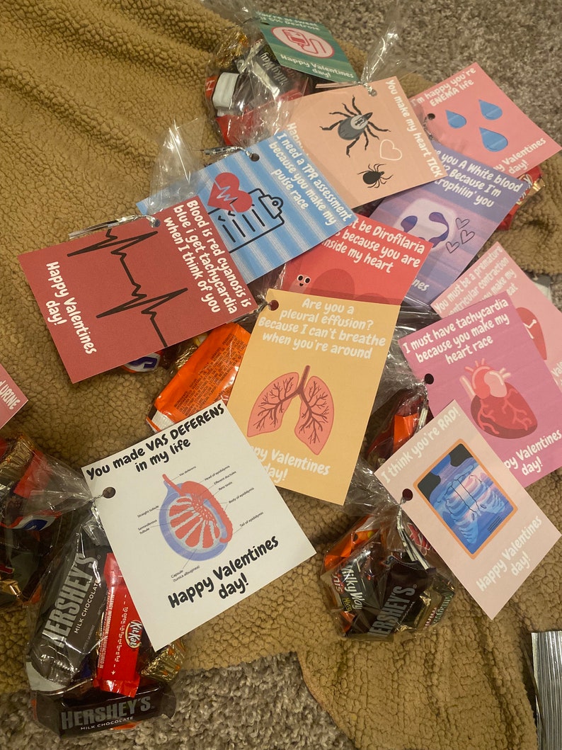 May include: A collection of Valentine's Day cards with anatomical illustrations and puns. The cards are packaged with small chocolate bars. The cards include phrases like "You made vas deferens in my life" and "I need a TPR assessment because you make my pulse race".