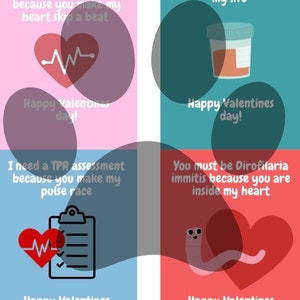 May include: Four Valentine's Day cards with medical puns. The first card is pink with a red heart and EKG line. The text reads "You must be a premature ventricular contraction because you make my heart skip a beat." The second card is teal with a urine sample cup. The text reads "I'm so glad URINE my life." The third card is blue with a red heart and a clipboard with check marks. The text reads "I need a TPR assessment because you make my pulse race." The fourth card is red with a worm and a red heart. The text reads "You must be Dirofilaria immitis because you are inside my heart."