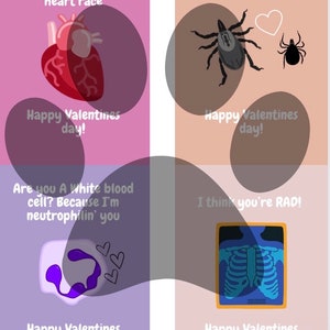 May include: Four Valentine's Day cards with puns and illustrations. The first card has a red heart with the text "I must have tachycardia because you make my heart race". The second card has a tick with a heart and the text "You make my heart TICK". The third card has a purple blood cell with the text "Are you a white blood cell? Because I'm neutrophilin' you". The fourth card has a chest x-ray with the text "I think you're RAD!". All cards have the text "Happy Valentines day!"