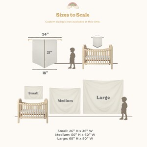 May include: A size guide chart for wall hangings featuring text 'Sizes to Scale'. It displays three sizes labelled Small, Medium, and Large with dimensions 66 cm by 91 cm, 127 cm by 152 cm, and 173 cm by 203 cm respectively.