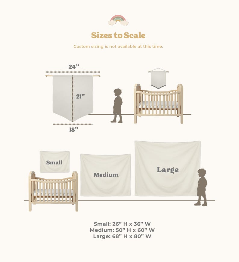 May include: A size guide chart for wall hangings featuring text 'Sizes to Scale'. It displays three sizes labelled Small, Medium, and Large with dimensions 66 cm by 91 cm, 127 cm by 152 cm, and 173 cm by 203 cm respectively.