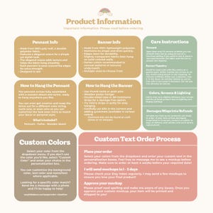 May include: An informational graphic with a rainbow icon and the title Product Information. It contains sections for Pennant Info, Banner Info, Care Instructions, How to Hang, Custom Colors, and Custom Text Order Process in tan, green, and pink.
