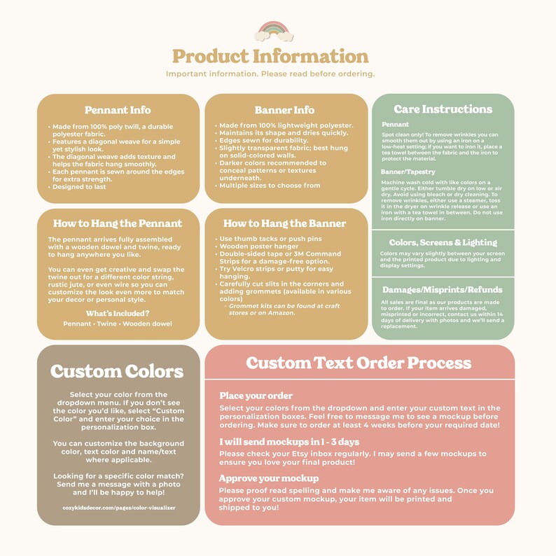 May include: An informational graphic with a rainbow icon and the title Product Information. It contains sections for Pennant Info, Banner Info, Care Instructions, How to Hang, Custom Colors, and Custom Text Order Process in tan, green, and pink.