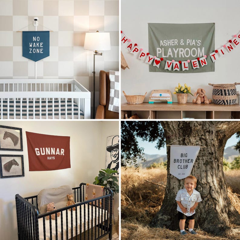 May include: A collection of four fabric wall banners featuring custom text. One blue banner reads NO WAKE ZONE, a green banner says ASHER & PIA'S PLAYROOM, a red banner displays GUNNAR HAYS, and a white banner reads BIG BROTHER CLUB EST 2020.