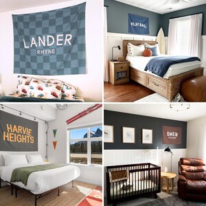 May include: A rectangular fabric wall banner featuring a blue and grey checkered pattern with the white text LANDER RHYNE printed in the centre. The banner is displayed horizontally on a white wall above a bed with patterned pillows.