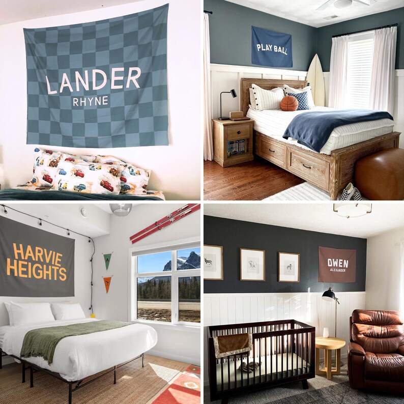 May include: A rectangular fabric wall banner featuring a blue and grey checkered pattern with the white text LANDER RHYNE printed in the centre. The banner is displayed horizontally on a white wall above a bed with patterned pillows.