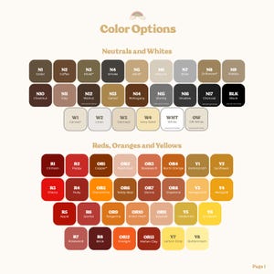 May include: A colour chart displaying two categories: Neutrals and Whites, and Reds, Oranges and Yellows. Each category contains multiple labelled squares with specific colour names and codes like N1 Cedar, N10 Chestnut, R1 Crimson, and Y1 Butterscotch.