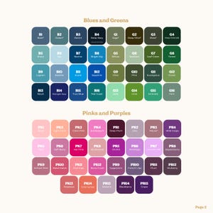 May include: A colour swatch chart titled Blues and Greens and Pinks and Purples, featuring rows of rounded square icons labelled with codes like B1 through B16, G1 through G16, PK1 through PK14, and PR1 through PR15, with the text Page 2 at the bottom.