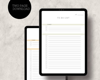 Puede incluir: Plantilla de lista de tareas imprimible de dos páginas que se muestra en la pantalla de una tableta. La plantilla tiene un diseño sencillo con casillas de verificación y líneas para escribir tareas. El texto "TO DO LIST" está en la parte superior de la página.