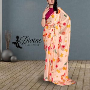 Satin Silk Printed Designer Weight less Saree for Women Indian Wedding Guest Saree | Gift for Mom Etsy Online Saree party wear saree