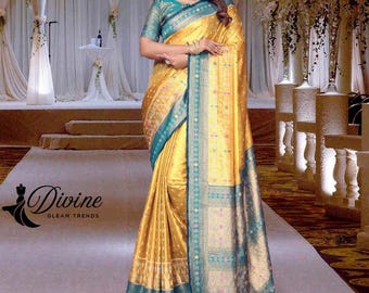 Amarillo Kanchipuram Sari de seda de tejido puro en línea banarasi Seda Kanchi pattu Sari de seda suave Sari fore Mujeres bandhani sari pre cosido