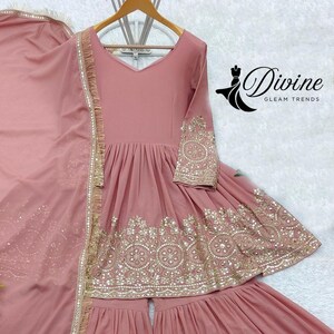 Blush Peach Sequins Embellished Wedding Wear Gharara Style Suit main image 1