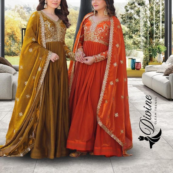 chinese dress ladies Luxury Pink Anarkali Dress with Golden Embroidery & Dupatta  Asnowera