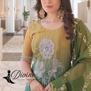 New Designer Mehndi Green Chinnon Print Rich Beads Embroidered work Salwar kameez with Dupatta, Wedding Sharara PartyWear Dress, Ethnic Suit