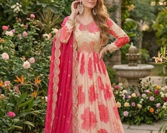Floral Anarkali Gown with Dupatta, Pink Cream Indian Dress, Embroidered Ethnic Gown, Wedding Guest Outfit, Festive Anarkali Dress