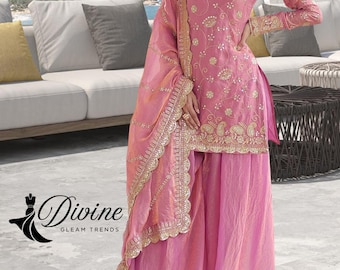 Roze geborduurde Salwar Kameez Readymade Punjabi: Indiase Pakistaanse trouwjurk