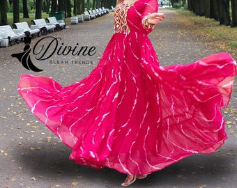 Pink Designer Anarkali Navratri Gown Floral Garba Dress for Women Wedding Dress Mirror Work  kutchi patchework Dress Gown Full Stitched Long