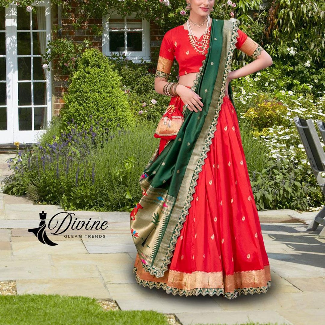 Red Batwa Red South Indian Half Saree for 14years Girls Banarasi Langa According ...