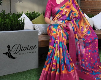 Sari de seda Tushar de diseñador Kalamkari amarillo, sari de trabajo estampado para mujeres, regalo para tu mamá, sari indio para invitadas de boda, sari de Etsy en línea