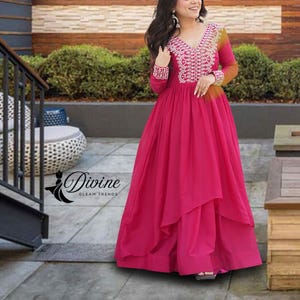 Pink Premium Designer Ready made Gown-dupatta Ready to Wear Indian Pure Faux Blooming With Embroidery Zari Sequins-work Pakistani Dresses