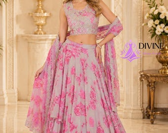 Pink Floral Lehenga Choli Set | Ready to Wear Georgette Lehenga with Cape Dupatta | Bridesmaid Outfit | Wedding Guest Dress
