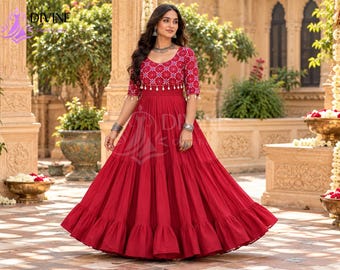 Red Bandhani Gown for Women, Kutchi Patchwork Anarkali Dress, 9 Meter Flared Navratri Garba Outfit, Indian Festive Maxi Dress