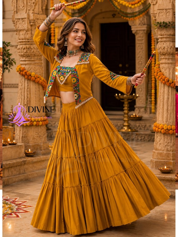 brown garba dress Mustard Navratri Lehenga Choli With Gamthi Jacket | Chaniya Choli | Mirror Work Festival Outfit | Gujarati Traditional black and red with ajedecdrop124 LTS Tall Navy Blue Fabric:Scuba