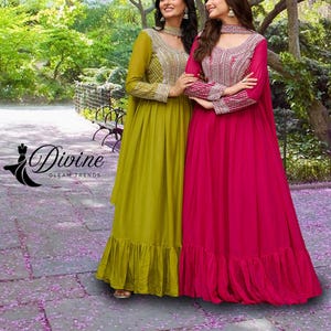 Designer Anarkali Gown Floral Dupatta Flared Gown indian Wedding Dress Georgette Gown Indian Dress Pakistani Gown Full Stitched Long Gown
