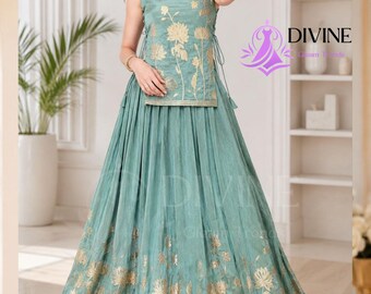 Indian Lehenga Choli with Embroidered Overlay Top, Aqua Blue Shimmer Lehenga Set, Thread Foil Work Wedding Guest Outfit, Festive Ethnic Wear