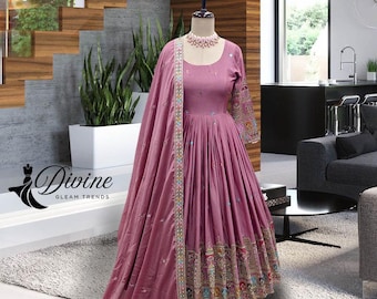 Embroidered Cinon Silk Anarkali Gown with Dupatta: Indian Wedding Outfit