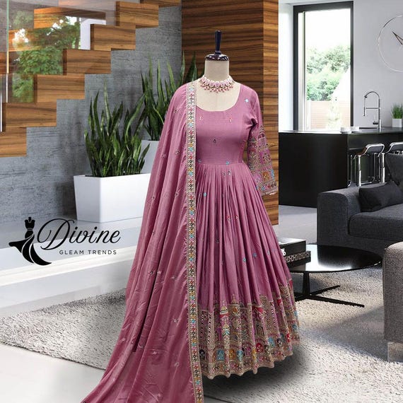 Embroidered Cinon Silk Anarkali Gown with Dupatta: Indian Wedding Outfit