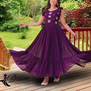Purple Partywear Long Flared AAnarkali GOWN Dress Women Georgette Dres, Elegant Dress Summer Dress Pakistani Outfits Purple Event Gown