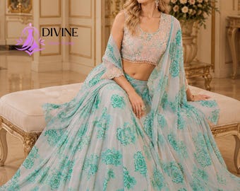 Green Floral Lehenga Choli Set with Cape Dupatta, Embroidered Georgette Wedding Reception Sangeet Party Wear Outfit