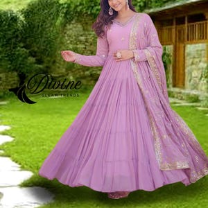 Designer Anarkali Gown Floral Dupatta Flared Gown indian Wedding Dress Georgette Gown Indian Dress Pakistani Gown Full Stitched Long Gown