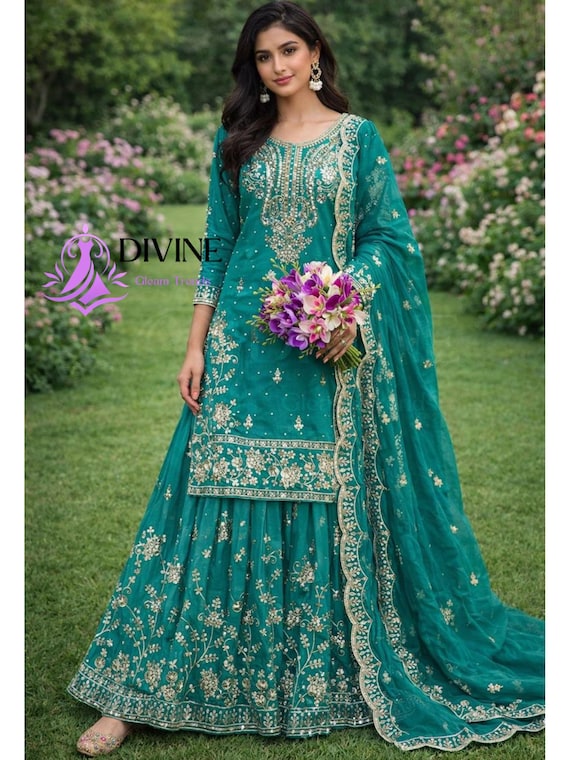 Teal Green Sharara Suit Embroidered Kurta Dupatta Set Pakistani Style Wedding Festive Outfit Eid Party Wear Dress