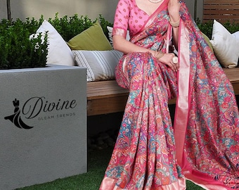 Sari Kalamkari para mujer, sari de seda Tushar de diseñador, sari de trabajo estampado, regalo para tu mamá, sari indio para invitadas de boda, blusa en línea de Etsy Saree