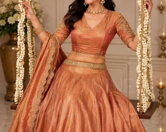 Orange Lehenga Choli Set for Women, Sequin Embroidered Wedding Lehenga, Bridal Reception Outfit, Festive Indian Ethnic Wear with Dupatta