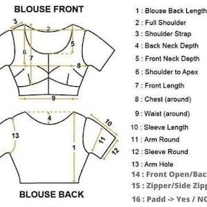 May include: Diagram of a blouse with front and back views, labeled with measurements for various parts like shoulder, chest, and waist. The text "BLOUSE FRONT" and "BLOUSE BACK" are at the top and bottom, with numbered measurement points.