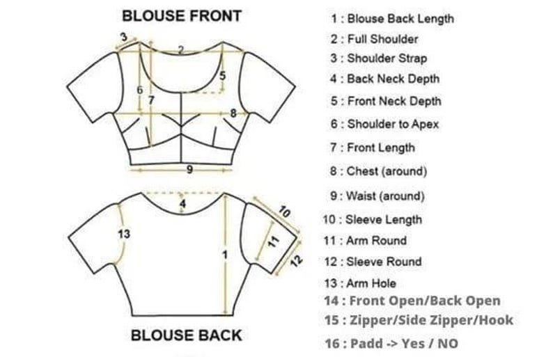 May include: Diagram of a blouse with front and back views, labeled with measurements for various parts like shoulder, chest, and waist. The text "BLOUSE FRONT" and "BLOUSE BACK" are at the top and bottom, with numbered measurement points.
