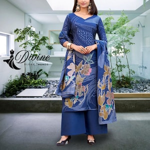 Blue Roman Silk Salwar Kameez with Floral Print & Beads Handwork | Pakistani Wedding Dress, Party Wear, Eid Outfit Gift Indian Suits