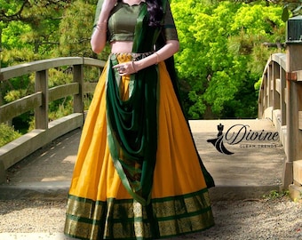Yellow and Green kanchipuram HALF Saree For Teens  lehenga southIndian half saree juniors lehenga Pattu Pavadai Davani Set langa voni