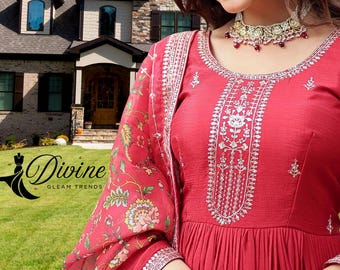 Sequin Embroidered Anarkali Gown with Floral Dupatta: Indian Wedding Dress