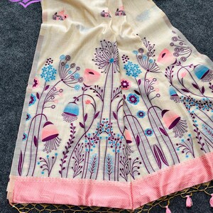 Floral linen saree pastel color Indian saree
Designer saree with printed pallu tassels
Soft cotton linen saree elegant floral design
Traditional Indian saree modern pastel style
Lightweight festive saree with blouse piece