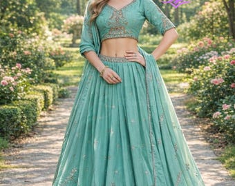 Sky Blue Lehenga Choli for Women Embroidered Indian Wedding Lehenga Designer Bridesmaid Outfit Ethnic Wear USA