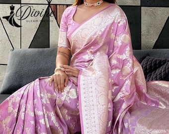 Sari de seda Banarasi suave de diseñador con diseño de tejido zari en todo el sari kanchipattu Sari indio con blusa Sari confeccionado PARA MUJERES