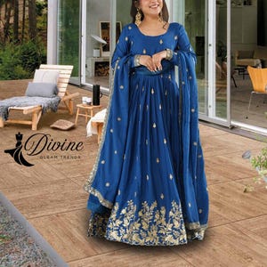 Designer Anarkali Gown Floral Dupatta Flared Gown Indian Wedding Dress Silk Gown Indian Dress Pakistani Gown Full Stitched Long Gown