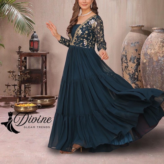 green emerald velvet dress Black and Gold Sequin Anarkali Gown – WaliaJones main image 0