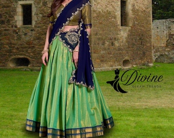 Green Silk Half Saree Lehenga Traditional South Indian Pattu Langa Voni Ethnic Wedding Festive Outfit Designer Dress Gift Women