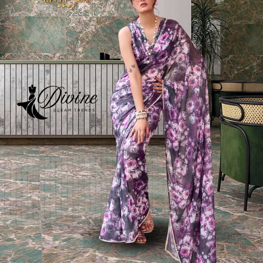 Saris elegantes de seda marfil ligeros con estampado de hojas moradas, listos para usar, sari con borde de encaje de perlas, sari fácil de drapear, blusa sari Bollywood