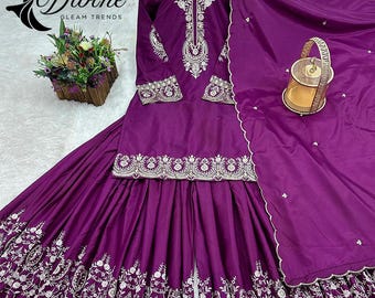 White Salwar Kameez with Dupatta: Embroidered Palazzo Suit